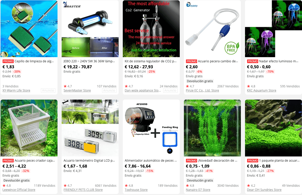 Productos para acuarios en Aliexpress