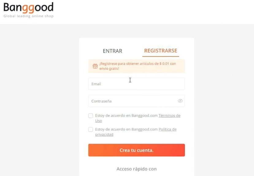 Crea tu cuenta Banggood