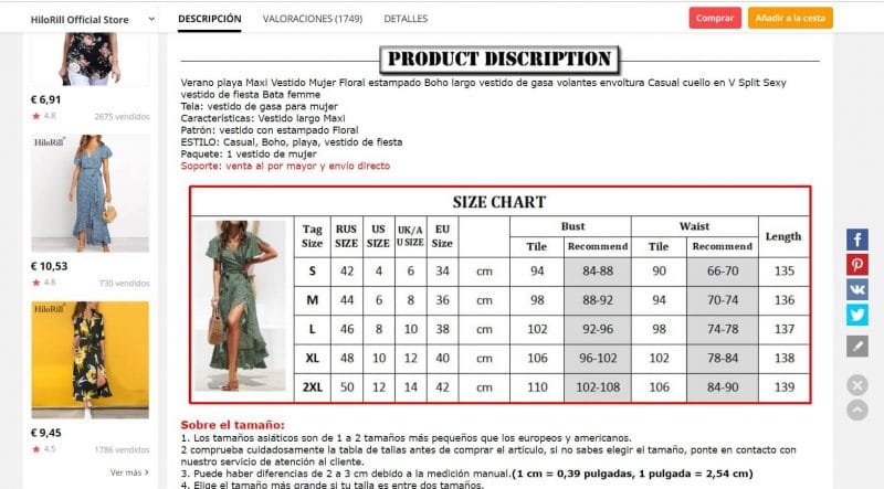 tabla de tallas para vestidos